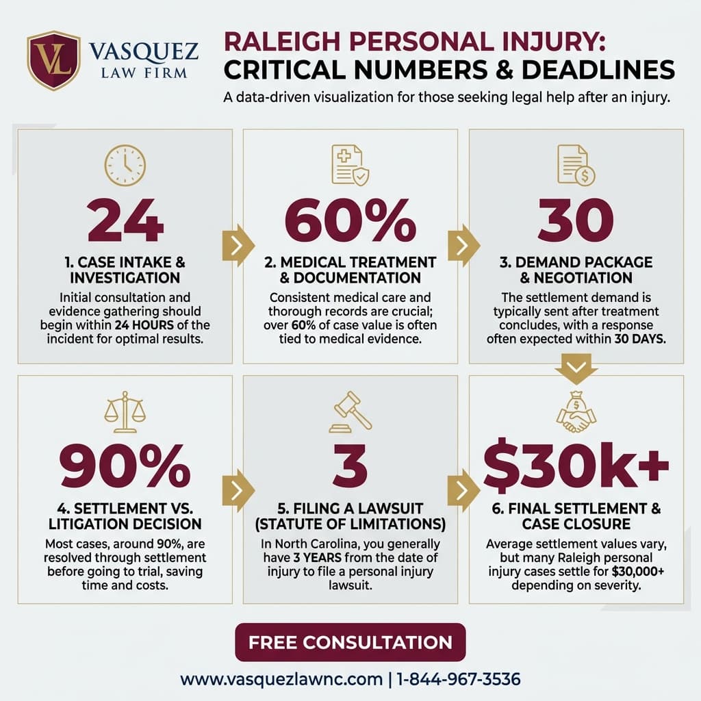 Línea de Tiempo del Proceso para Cómo Funcionan los Acuerdos por Lesiones Personales en Raleigh, Carolina del Norte en 2026